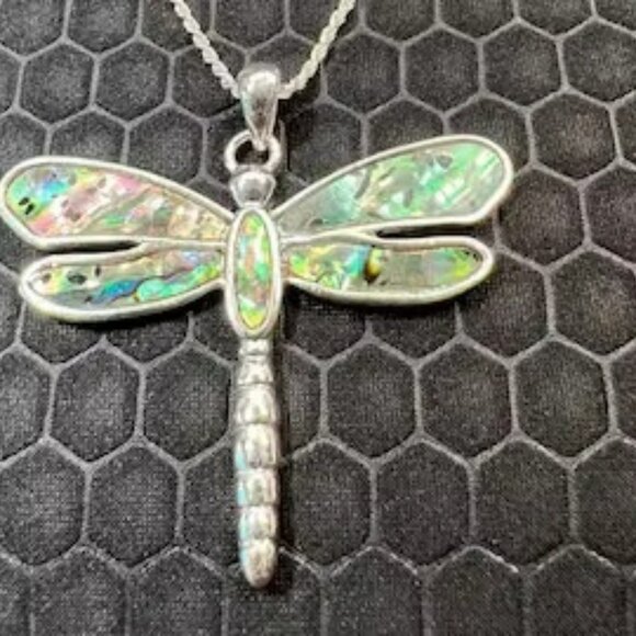 Dragonfly Necklace with Green Abalone Stones 18K White Gold Plated - Picture 1 of 1